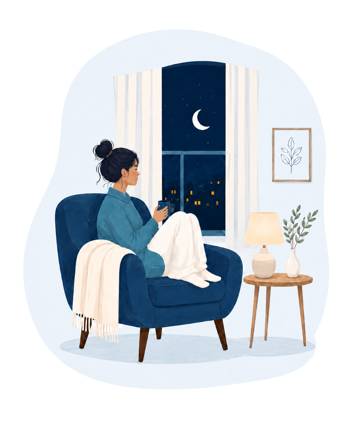 Femme éveillée la nuit dans un fauteuil, symbole du mental qui ne s’arrête pas au moment de dormir