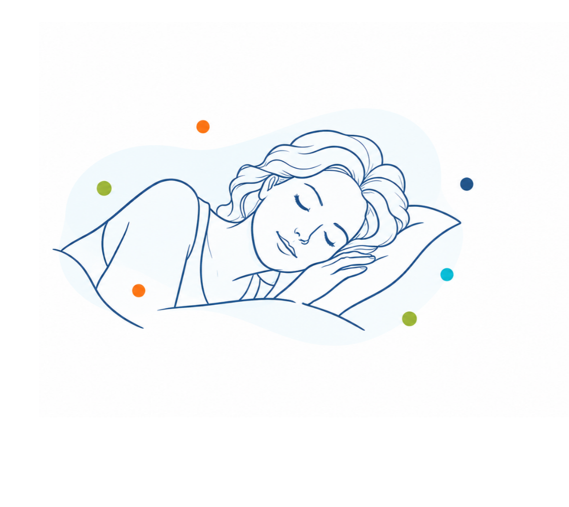 Illustration d’une femme endormie sur un oreiller avec points colorés, sur fond blanc