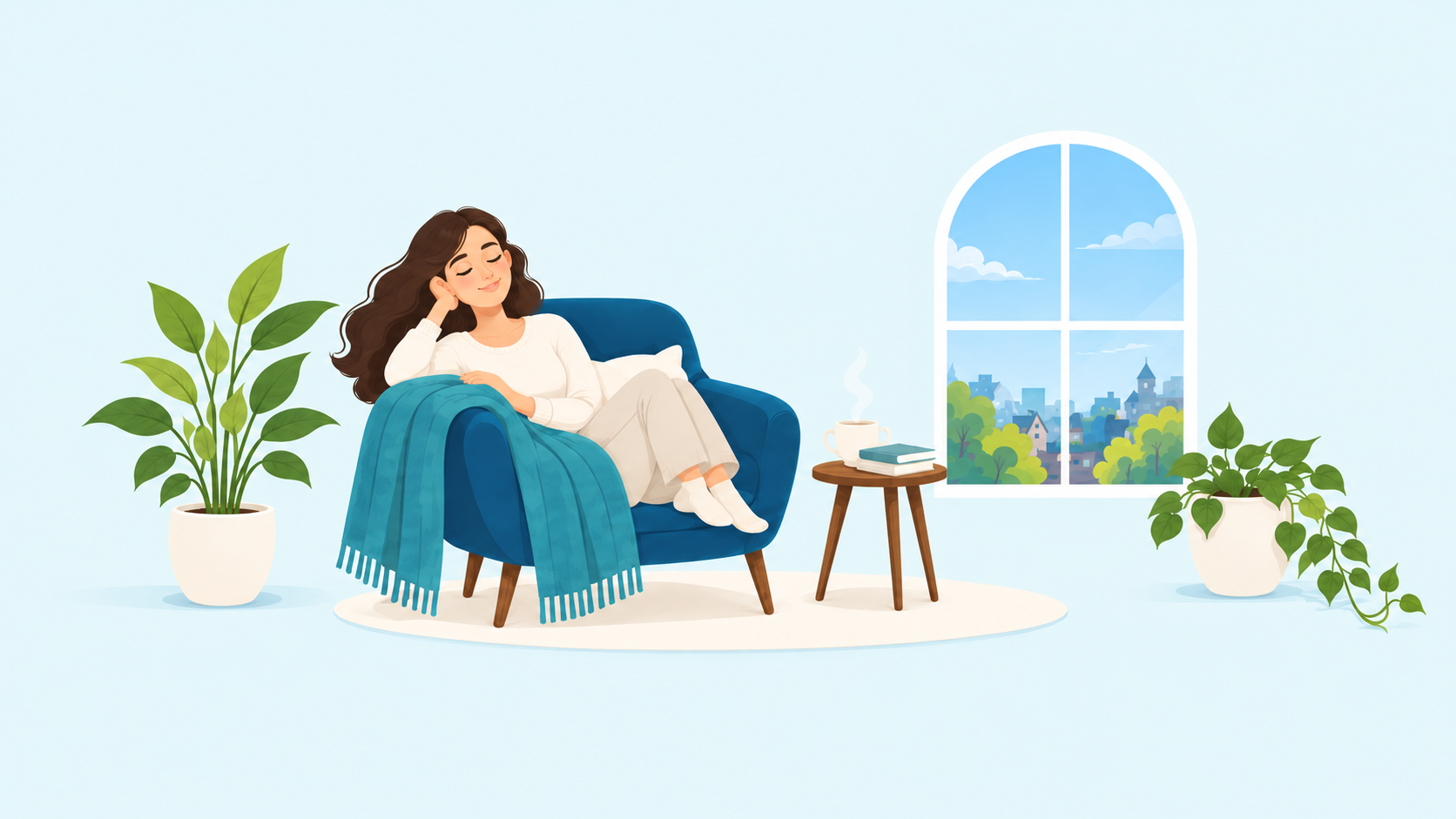 Illustration d’une femme détendue dans un fauteuil, près d’une fenêtre en journée, évoquant une pause de récupération.