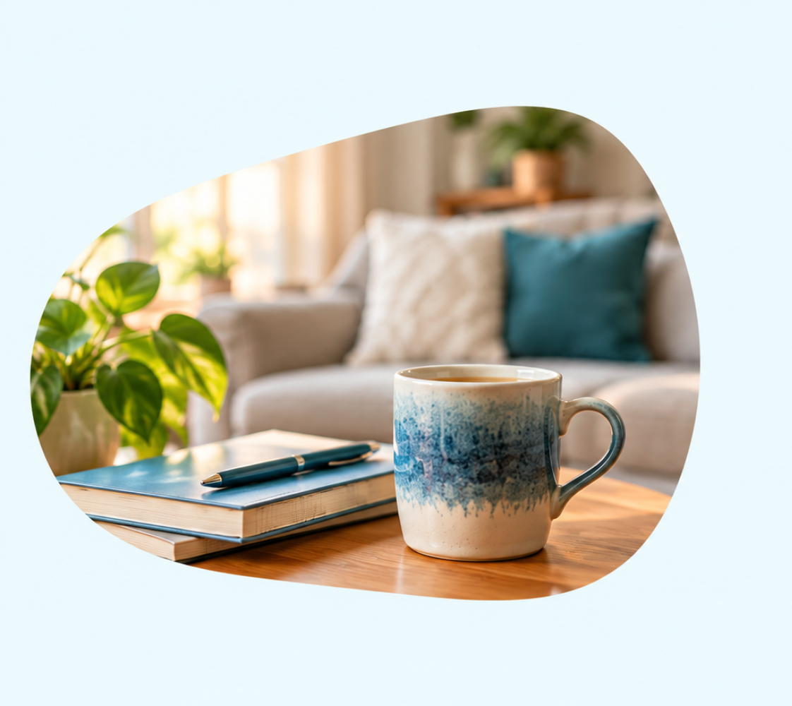 asse de café posée sur des livres dans un salon, illustration de la récupération et de la sieste.
